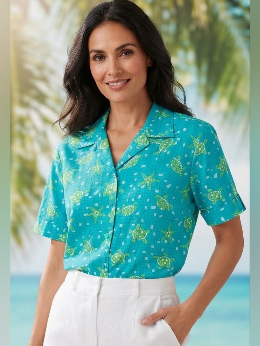 Bobbie Brooks Teal & Lime Green Sea Turtle Starfish Hawaiian Shirt Size Large